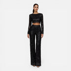 Talia Sequin Crop Top and Wide Leg Trouser Two Piece Set in Black