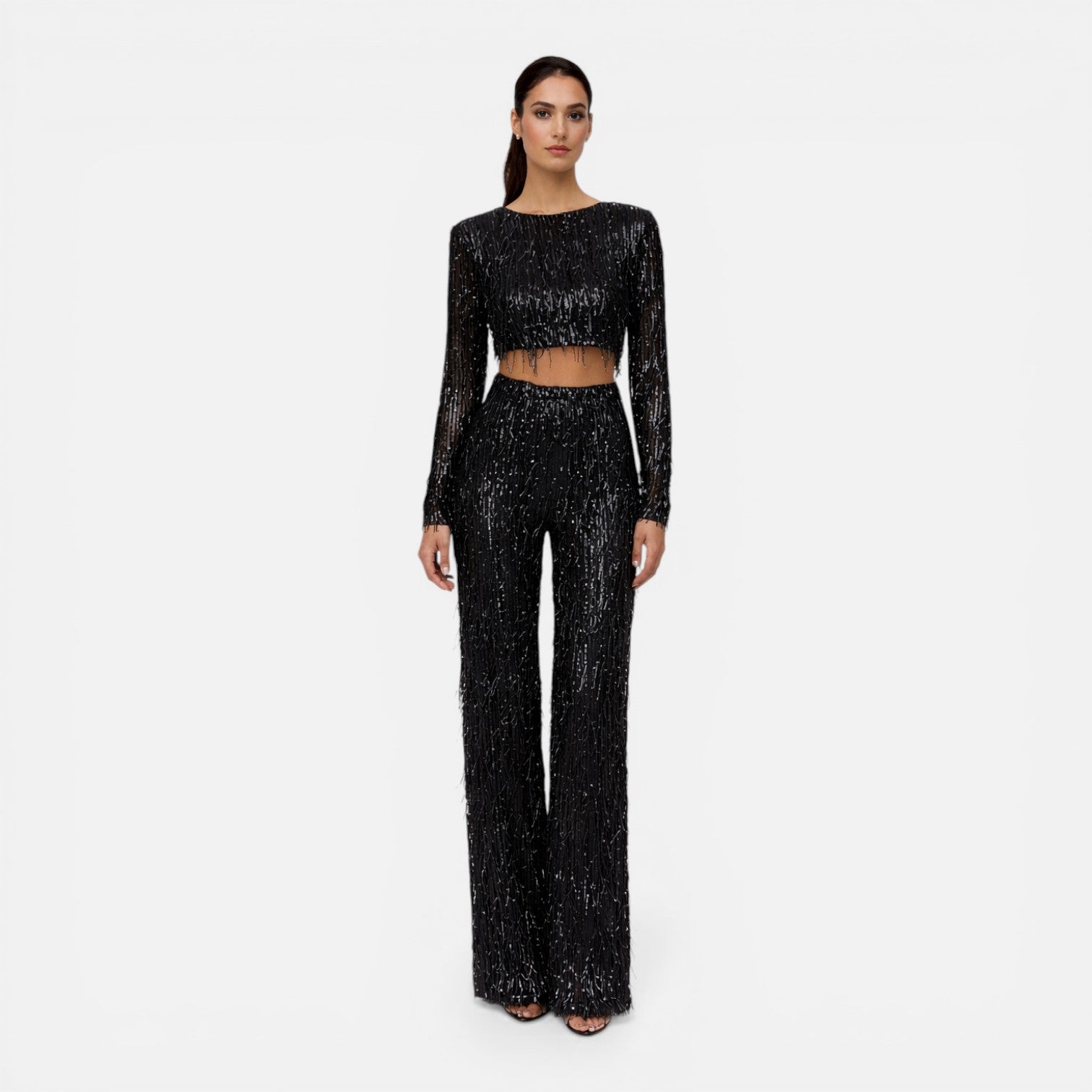 Talia Sequin Crop Top and Wide Leg Trouser Two Piece Set in Black