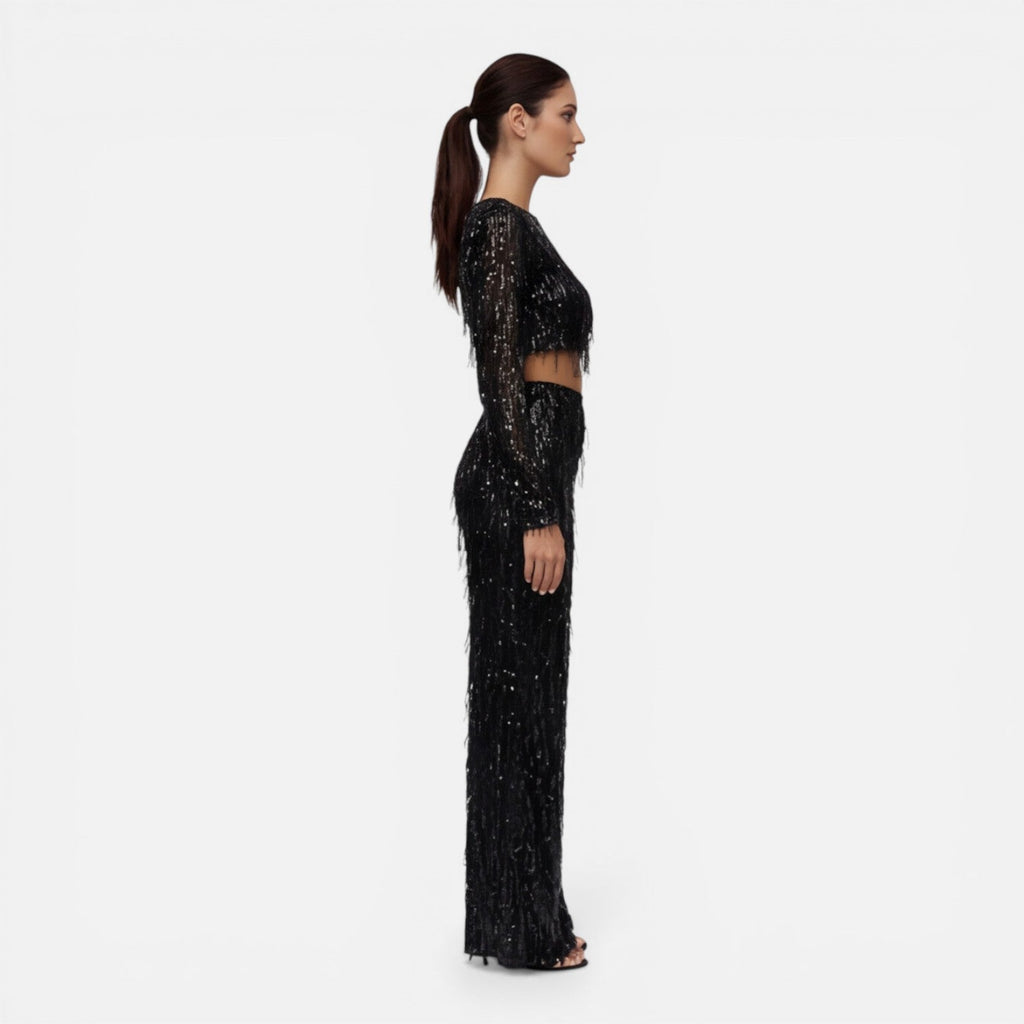 Talia Sequin Crop Top and Wide Leg Trouser Two Piece Set in Black