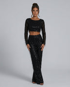 Talia Sequin Crop Top and Wide Leg Trouser Two Piece Set in Black