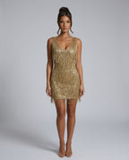 Tatum Sequin Mini Dress with Tiered Fringe Detail in Gold