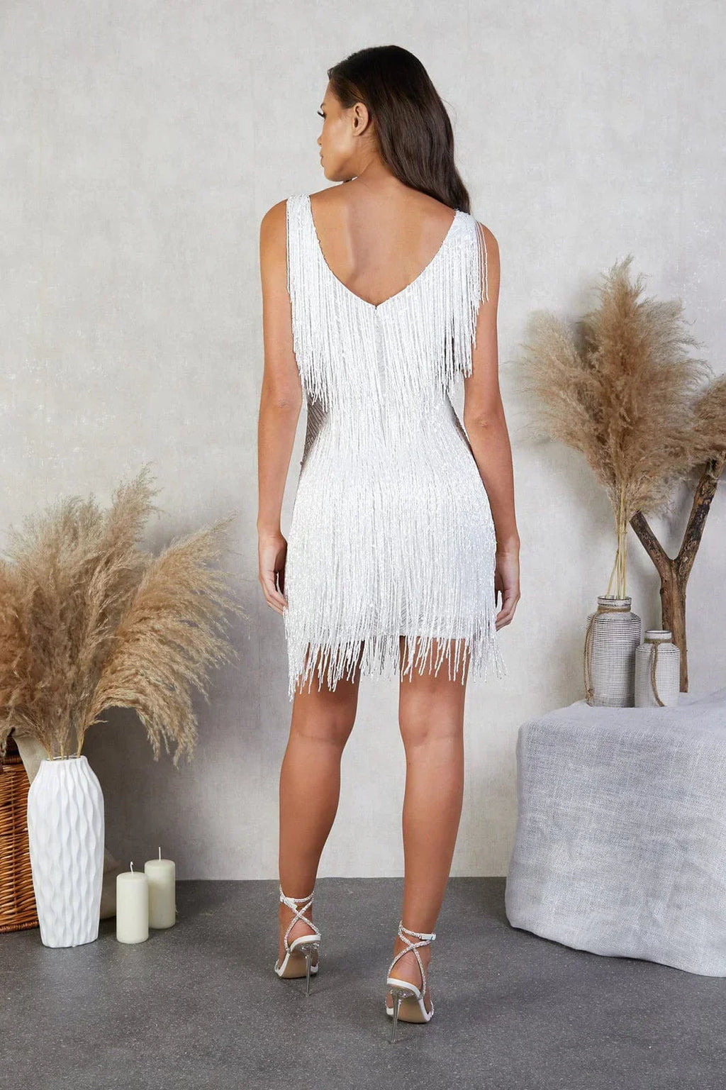 Tatum Sequin Mini Dress with Tiered Fringe Detail in White