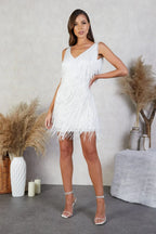 Tatum Sequin Mini Dress with Tiered Fringe Detail in White