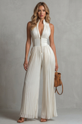 Tessa Pleated Halter Neck Wide Leg Jumpsuit with Front Zip in White