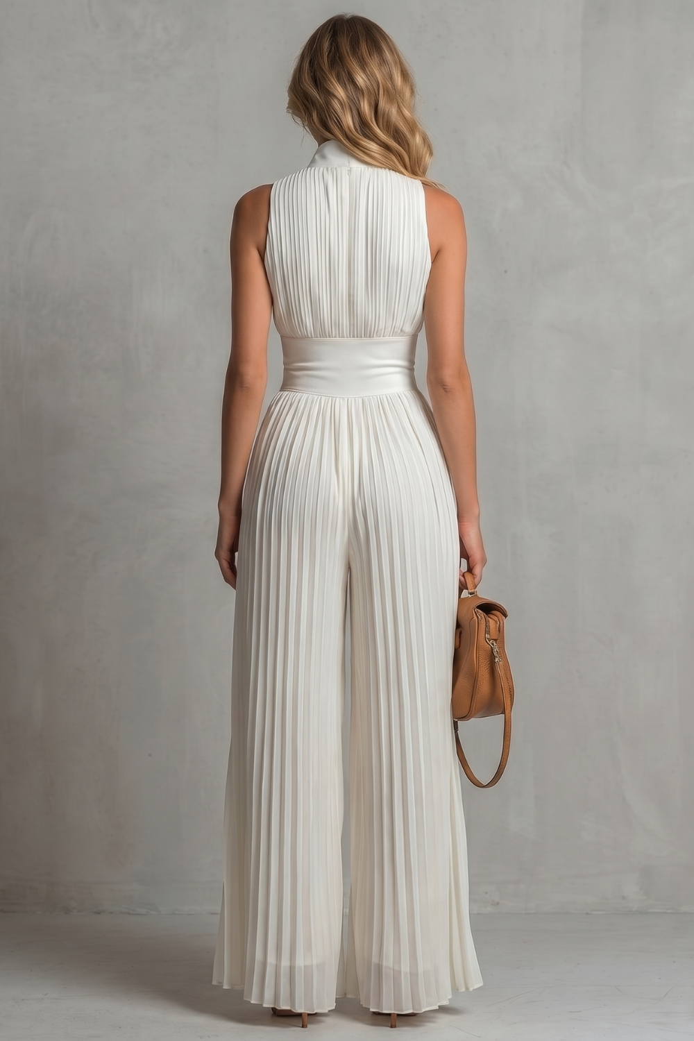 Tessa Pleated Halter Neck Wide Leg Jumpsuit with Front Zip in White