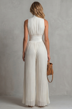 Tessa Pleated Halter Neck Wide Leg Jumpsuit with Front Zip in White