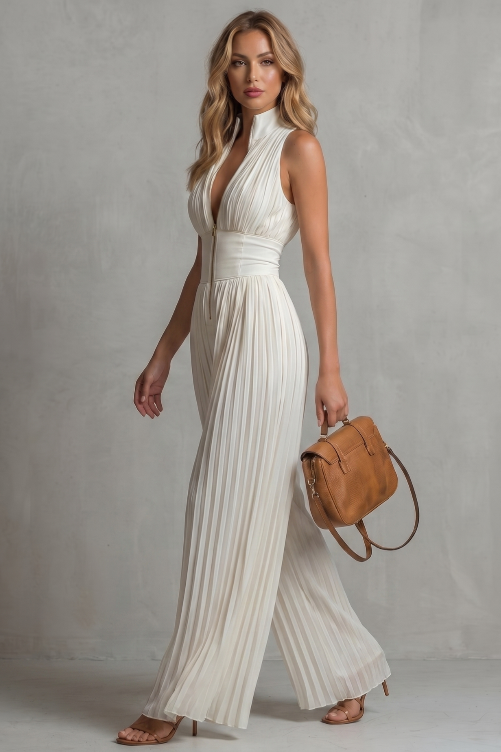 Tessa Pleated Halter Neck Wide Leg Jumpsuit with Front Zip in White
