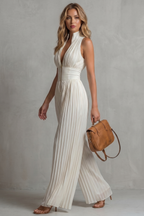 Tessa Pleated Halter Neck Wide Leg Jumpsuit with Front Zip in White