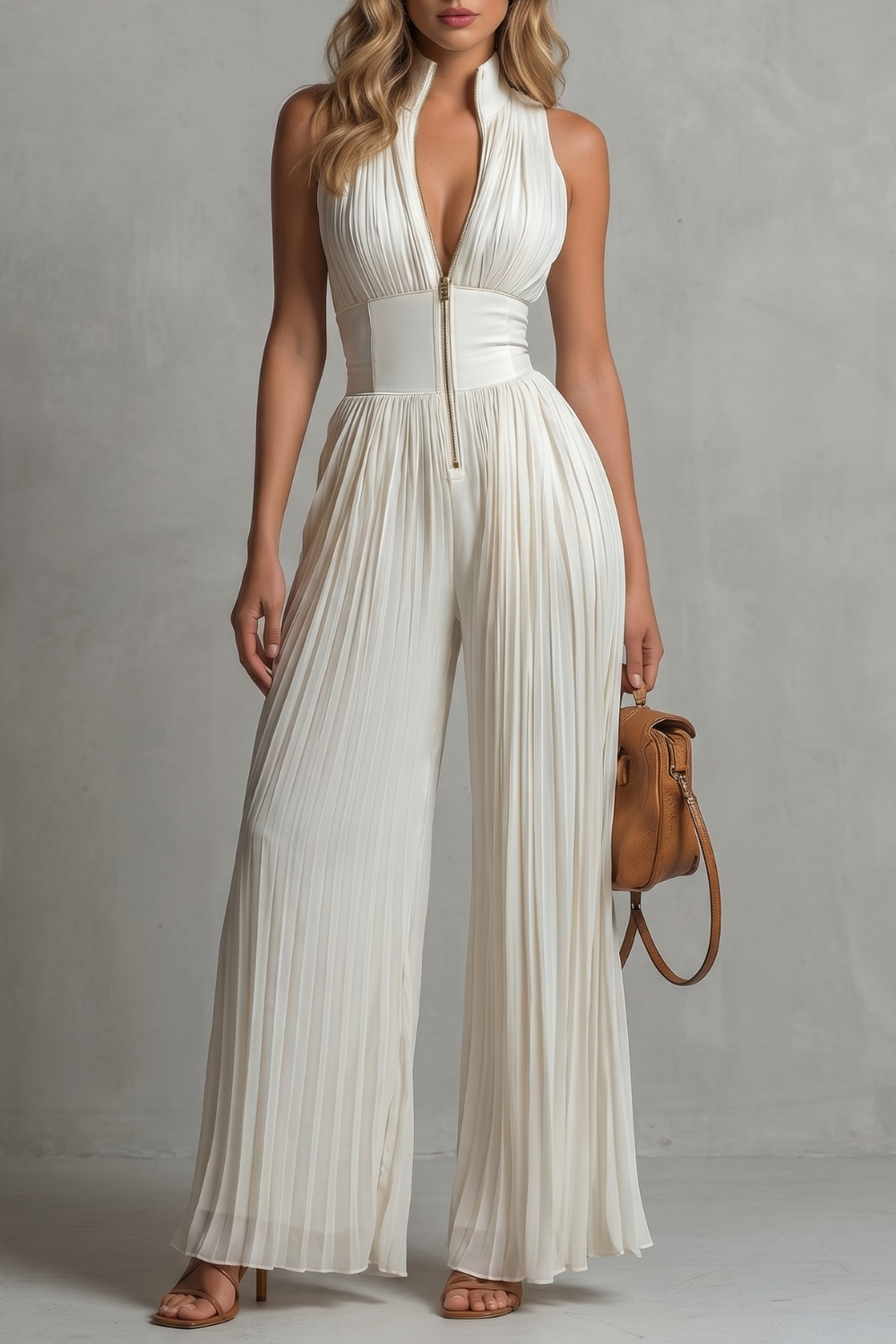 Tessa Pleated Halter Neck Wide Leg Jumpsuit with Front Zip in White