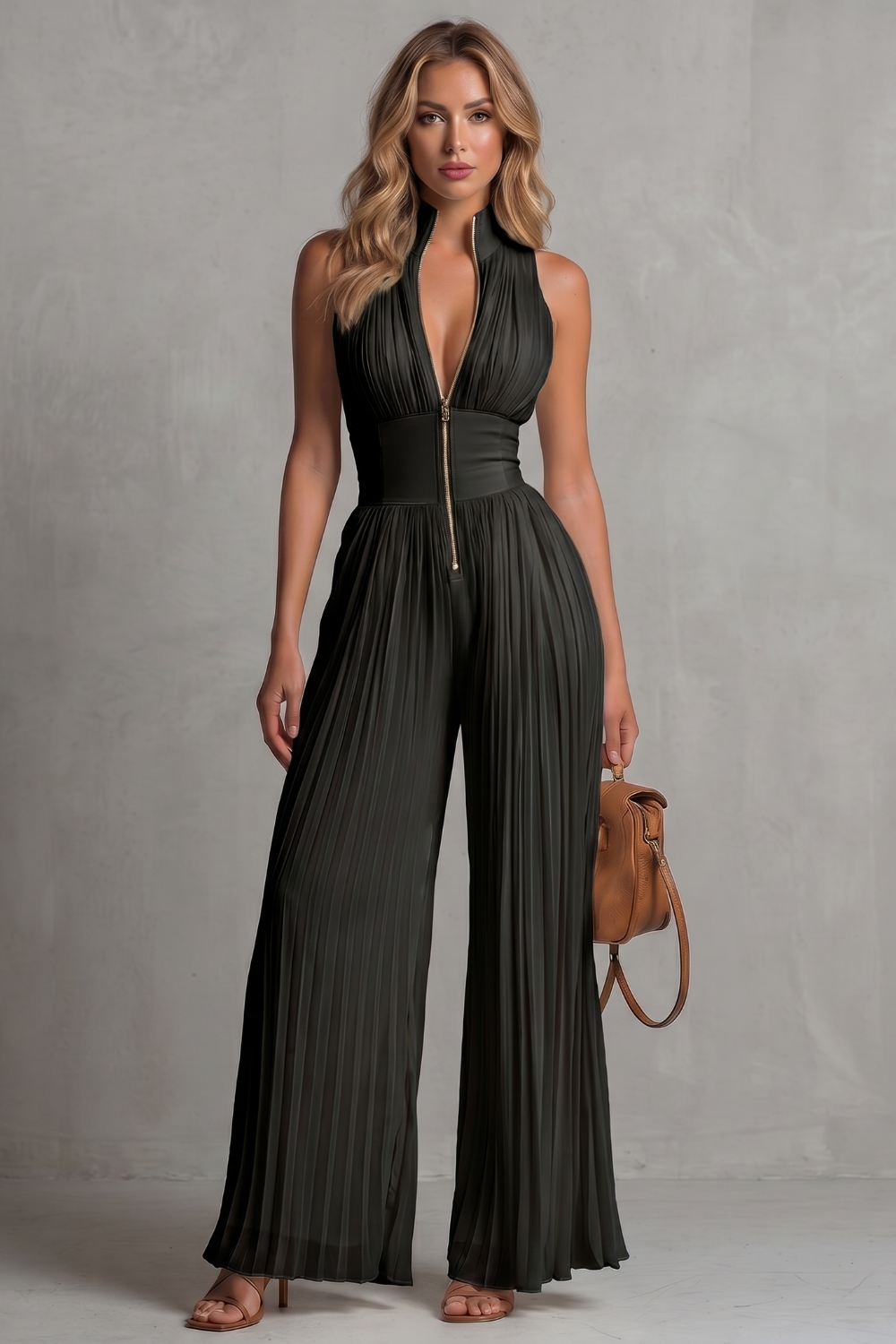Tessa Pleated Halter Neck Wide Leg Jumpsuit with Front Zip in Black
