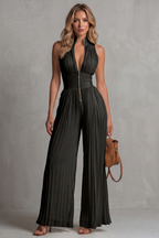 Tessa Pleated Halter Neck Wide Leg Jumpsuit with Front Zip in Black