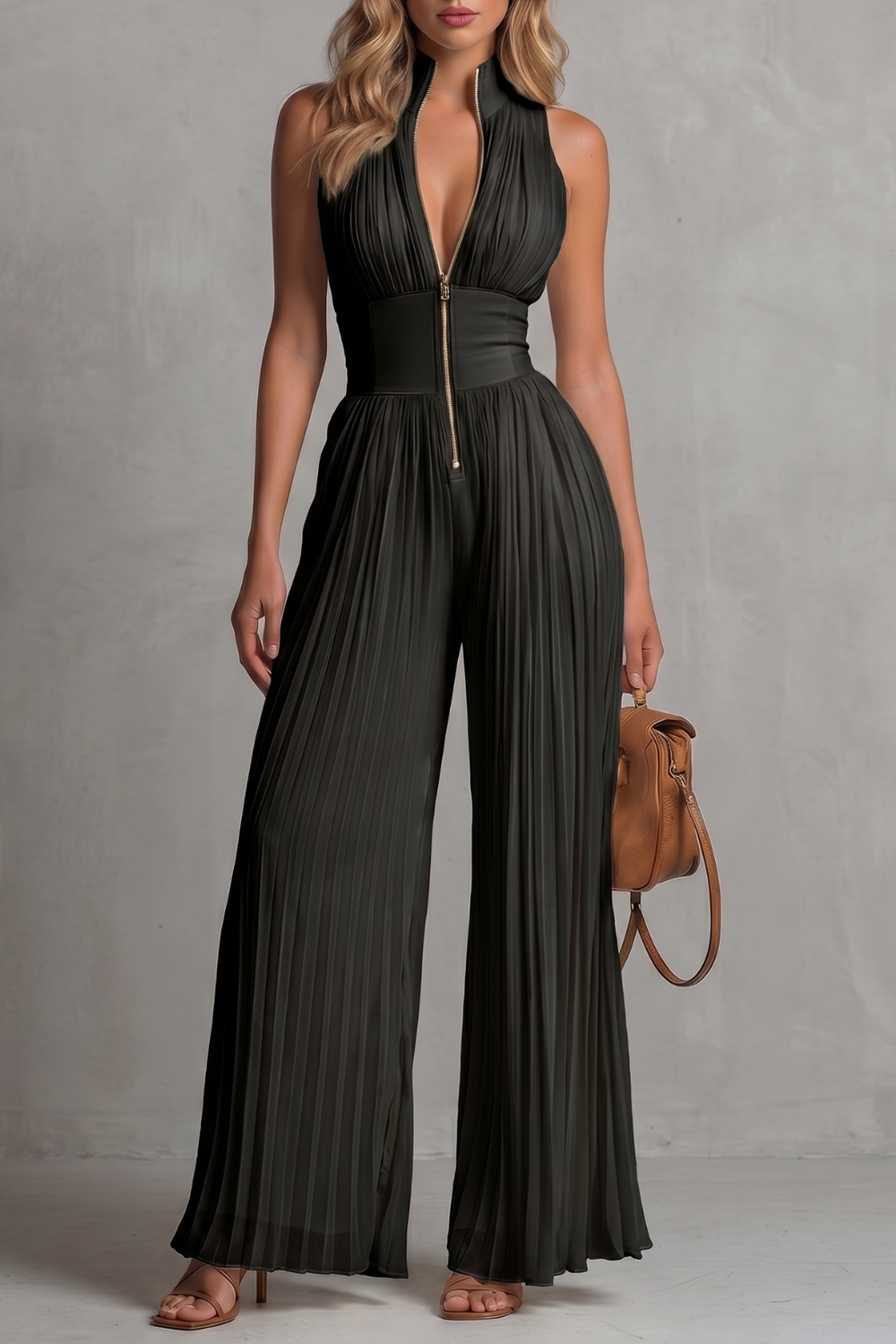 Tessa Pleated Halter Neck Wide Leg Jumpsuit with Front Zip in Black