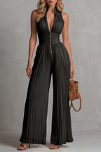 Tessa Pleated Halter Neck Wide Leg Jumpsuit with Front Zip in Black