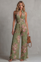 Tessa Pleated Halter Neck Wide Leg Jumpsuit with Front Zip in Green