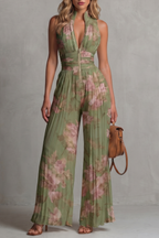 Tessa Pleated Halter Neck Wide Leg Jumpsuit with Front Zip in Green
