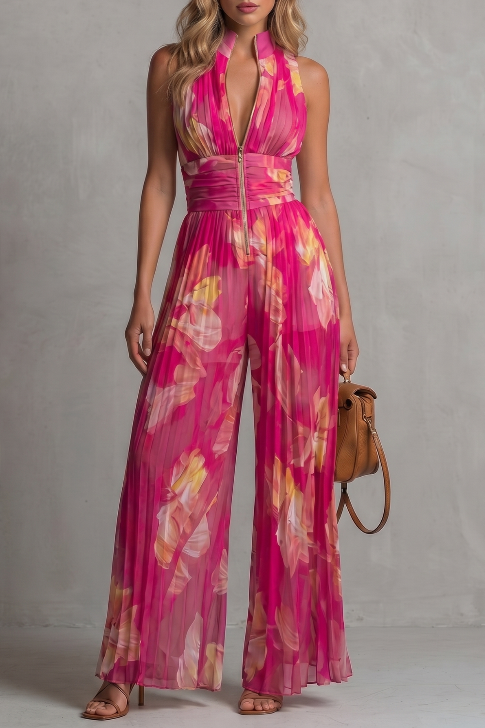 Tessa Pleated Halter Neck Wide Leg Jumpsuit with Front Zip in Green