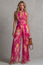 Tessa Pleated Halter Neck Wide Leg Jumpsuit with Front Zip in Rose Red