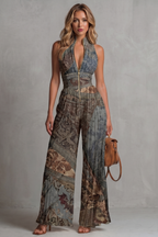 Tessa Pleated Halter Neck Wide Leg Jumpsuit with Front Zip in Gray