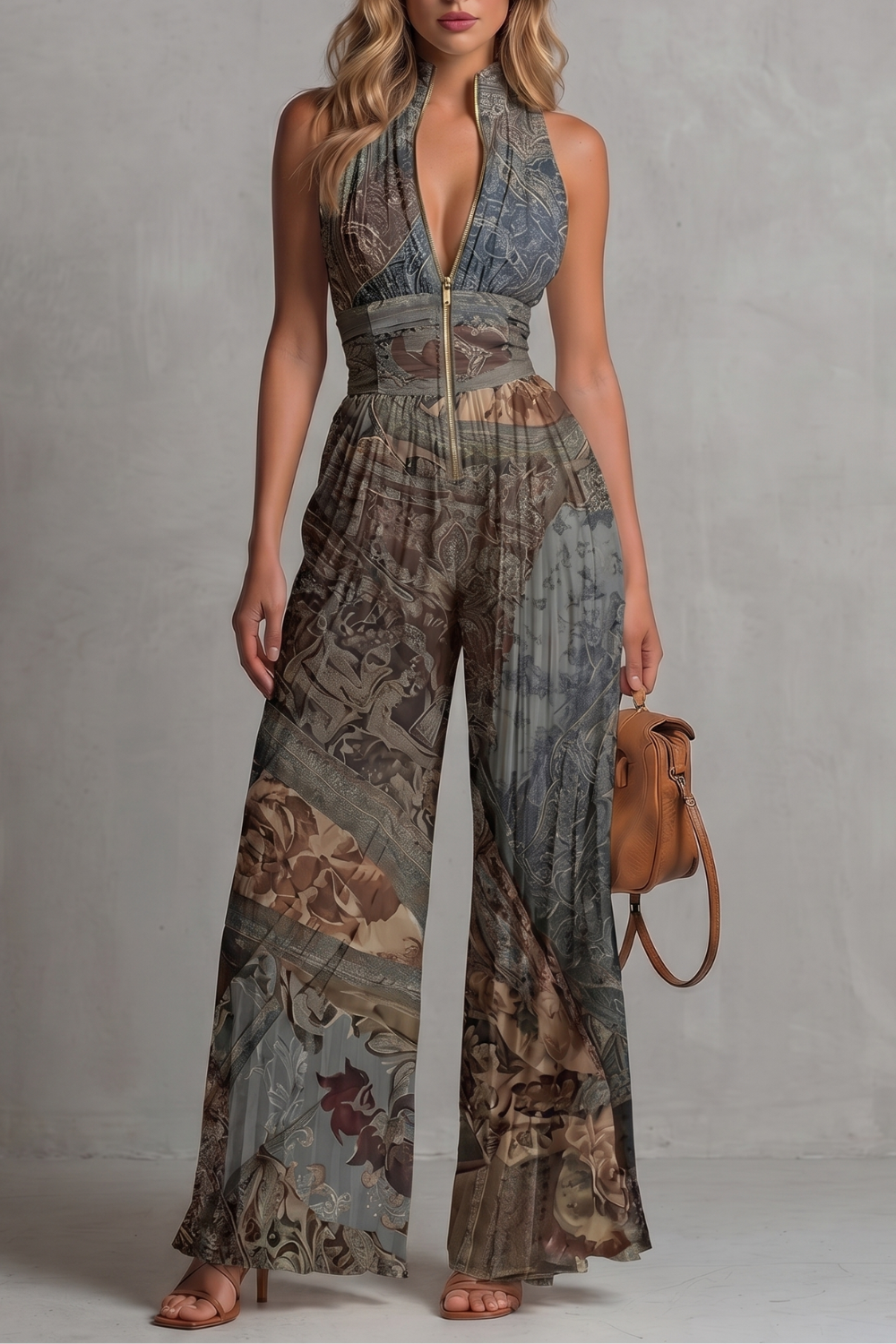 Tessa Pleated Halter Neck Wide Leg Jumpsuit with Front Zip in Gray