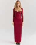 Trudy Satin Look Corset Maxi Dress with Sheer Lace Sleeves in Red