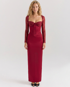 Trudy Satin Look Corset Maxi Dress with Sheer Lace Sleeves in Red