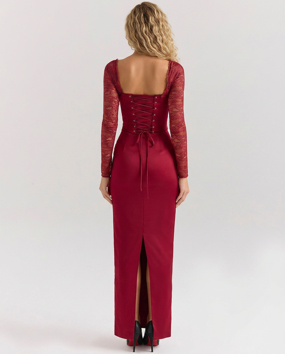 Trudy Satin Look Corset Maxi Dress with Sheer Lace Sleeves in Red