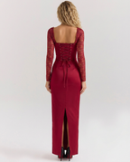 Trudy Satin Look Corset Maxi Dress with Sheer Lace Sleeves in Red