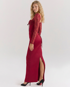 Trudy Satin Look Corset Maxi Dress with Sheer Lace Sleeves in Red