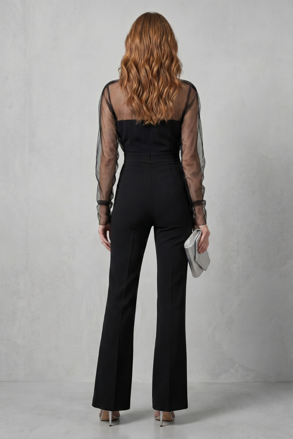 Veloura Sheer Illusion Neckline Flared Leg Jumpsuit