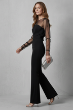 Veloura Sheer Illusion Neckline Flared Leg Jumpsuit