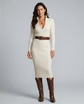 Vera Half Turtleneck Belted Knit Midi Dress with Long Sleeves in Ivory