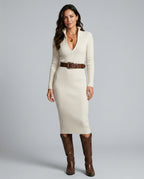 Vera Half Turtleneck Belted Knit Midi Dress with Long Sleeves in Ivory