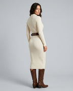 Vera Half Turtleneck Belted Knit Midi Dress with Long Sleeves in Ivory
