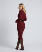 Vera Half Turtleneck Belted Knit Midi Dress with Long Sleeves in Wine Red