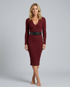 Vera Half Turtleneck Belted Knit Midi Dress with Long Sleeves in Wine Red
