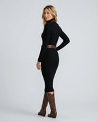 Vera Half Turtleneck Belted Knit Midi Dress with Long Sleeves in Black