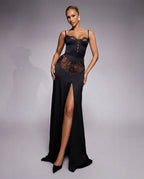 Vera Lace and Satin Look Maxi Dress with Side Slit in Black
