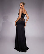 Vera Lace and Satin Look Maxi Dress with Side Slit in Black
