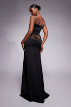 Vera Lace and Satin Look Maxi Dress with Side Slit in Black