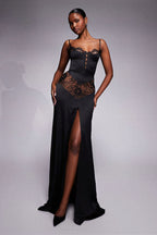 Vera Lace and Satin Look Maxi Dress with Side Slit in Black
