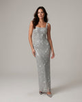 Verity Sequin Maxi Dress with Low Open Back and V Neck in Silver