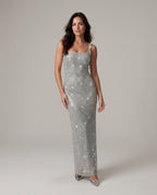 Verity Sequin Maxi Dress with Low Open Back and V Neck in Silver