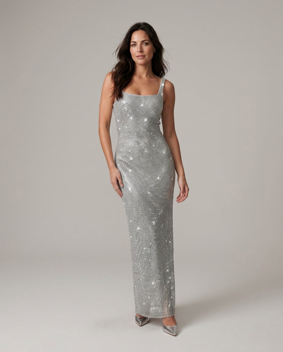Verity Sequin Maxi Dress with Low Open Back and V Neck in Silver