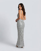 Verity Sequin Maxi Dress with Low Open Back and V Neck in Silver