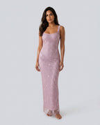 Verity Sequin Maxi Dress with Low Open Back and V Neck in Pink