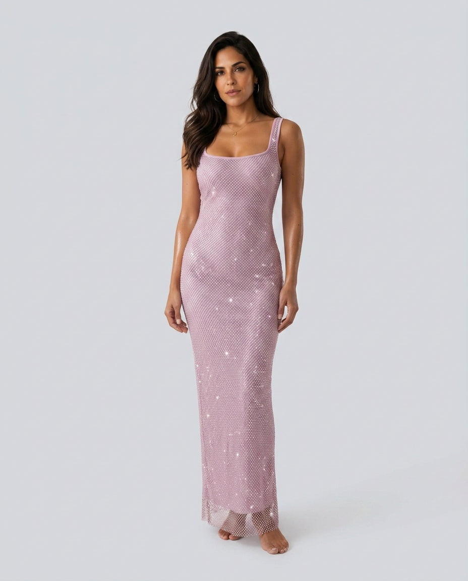 Verity Sequin Maxi Dress with Low Open Back and V Neck in Pink