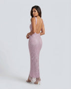 Verity Sequin Maxi Dress with Low Open Back and V Neck in Pink