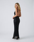 Verity Sequin Maxi Dress with Low Open Back and V Neck in Black