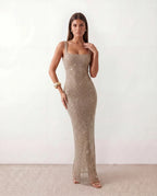 Verity Sequin Maxi Dress with Low Open Back and V Neck in Gold