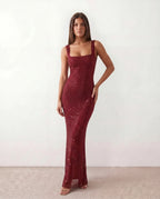 Verity Sequin Maxi Dress with Low Open Back and V Neck in Burgundy
